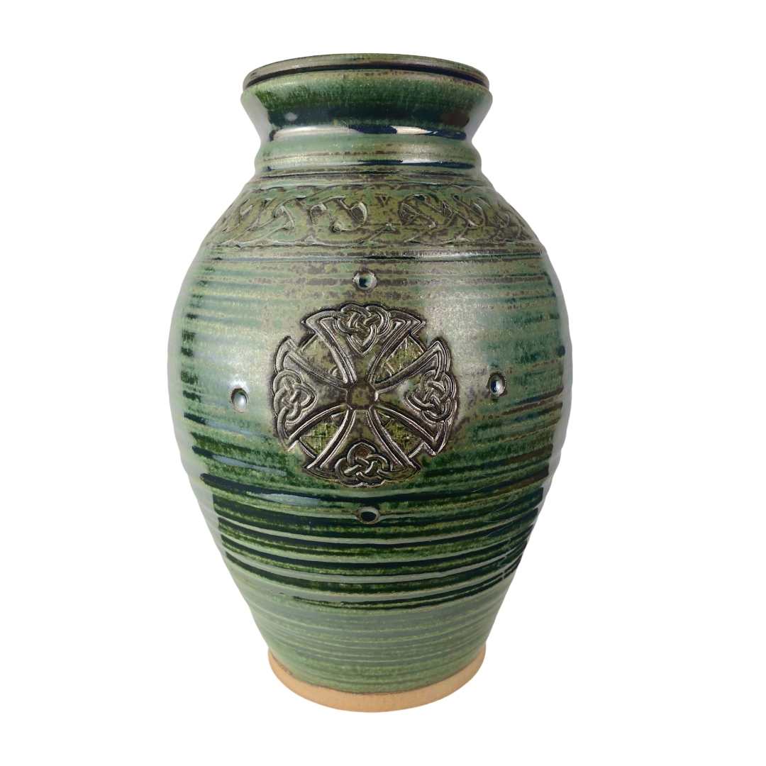 Green urn with Celtic cross