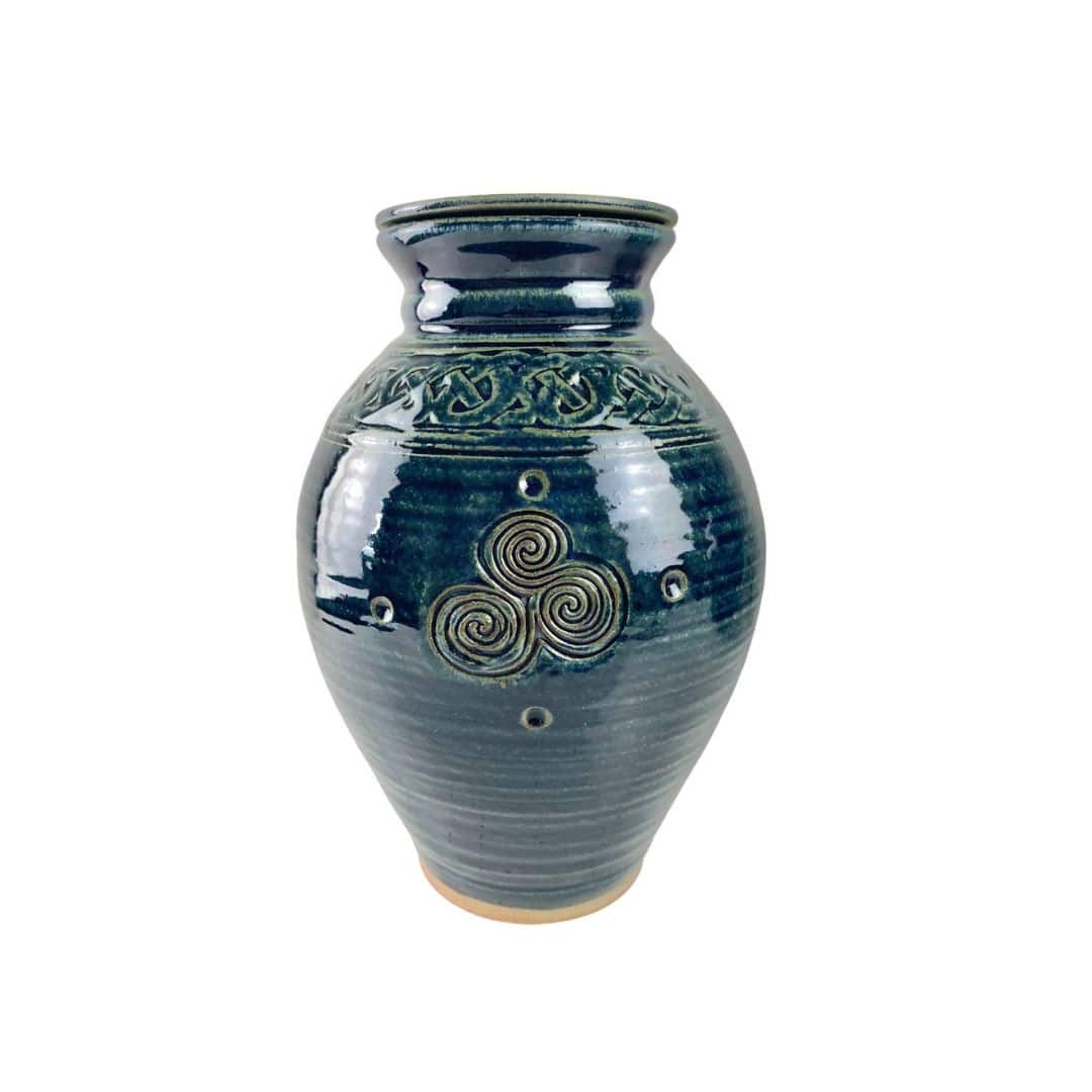 Cremation Urn in Blue Glaze with Newgrange symbol on body