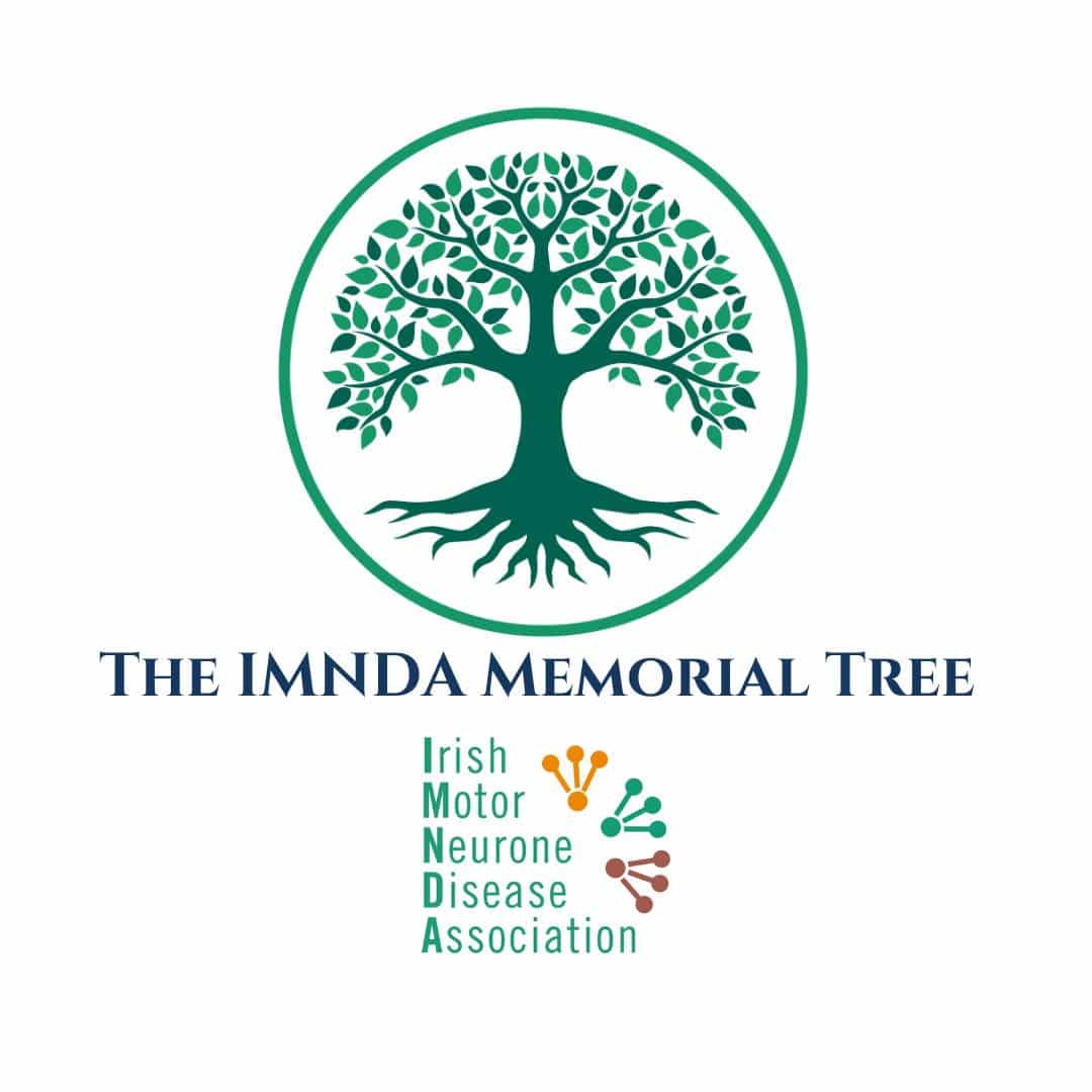 Tree of life in green surrounded by a green circle and below text for the IMNDA Memorial tree by irish trees
