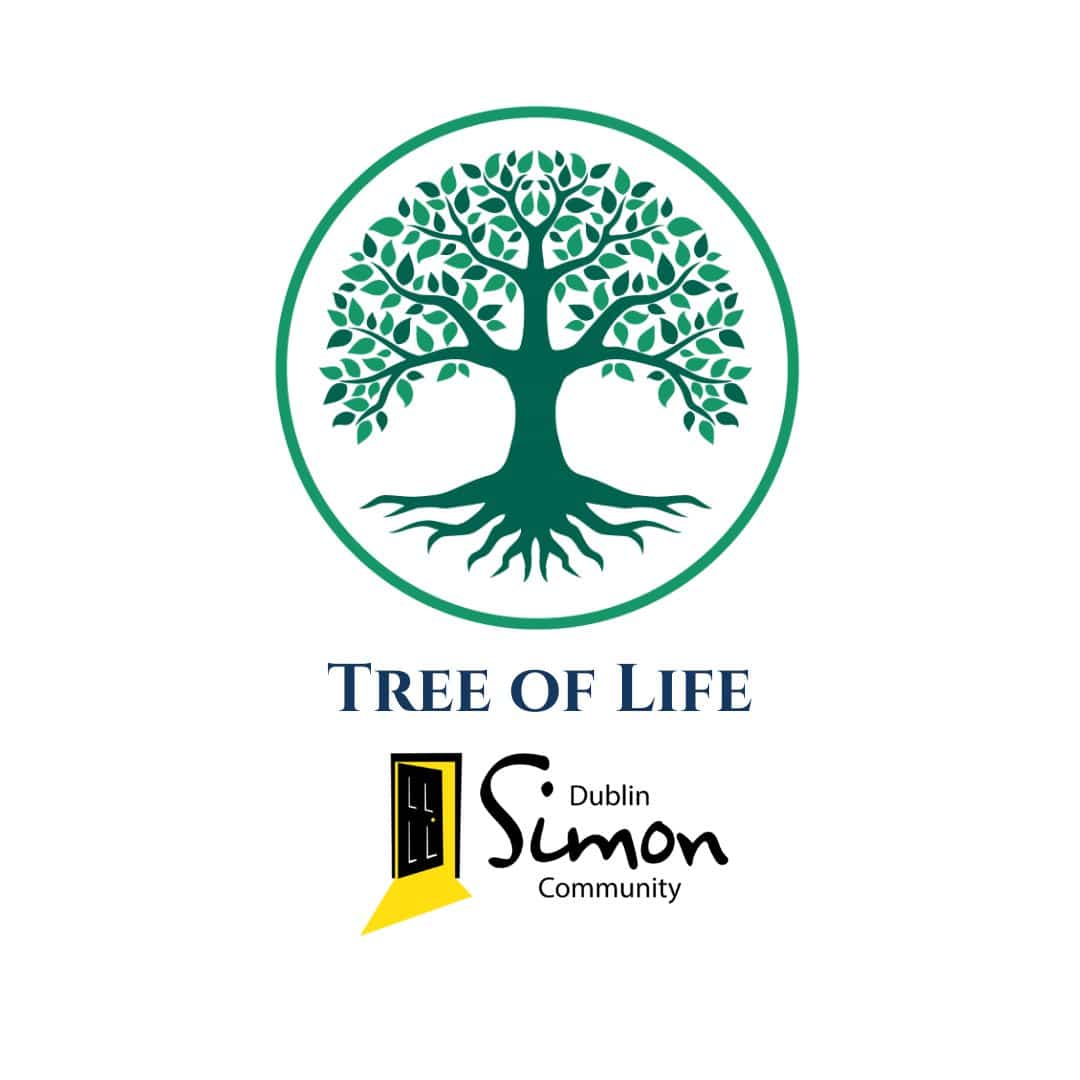 Tree of life Icon with an illustration of a tree and the Dublin Simon Cummuity logo in black and yellow