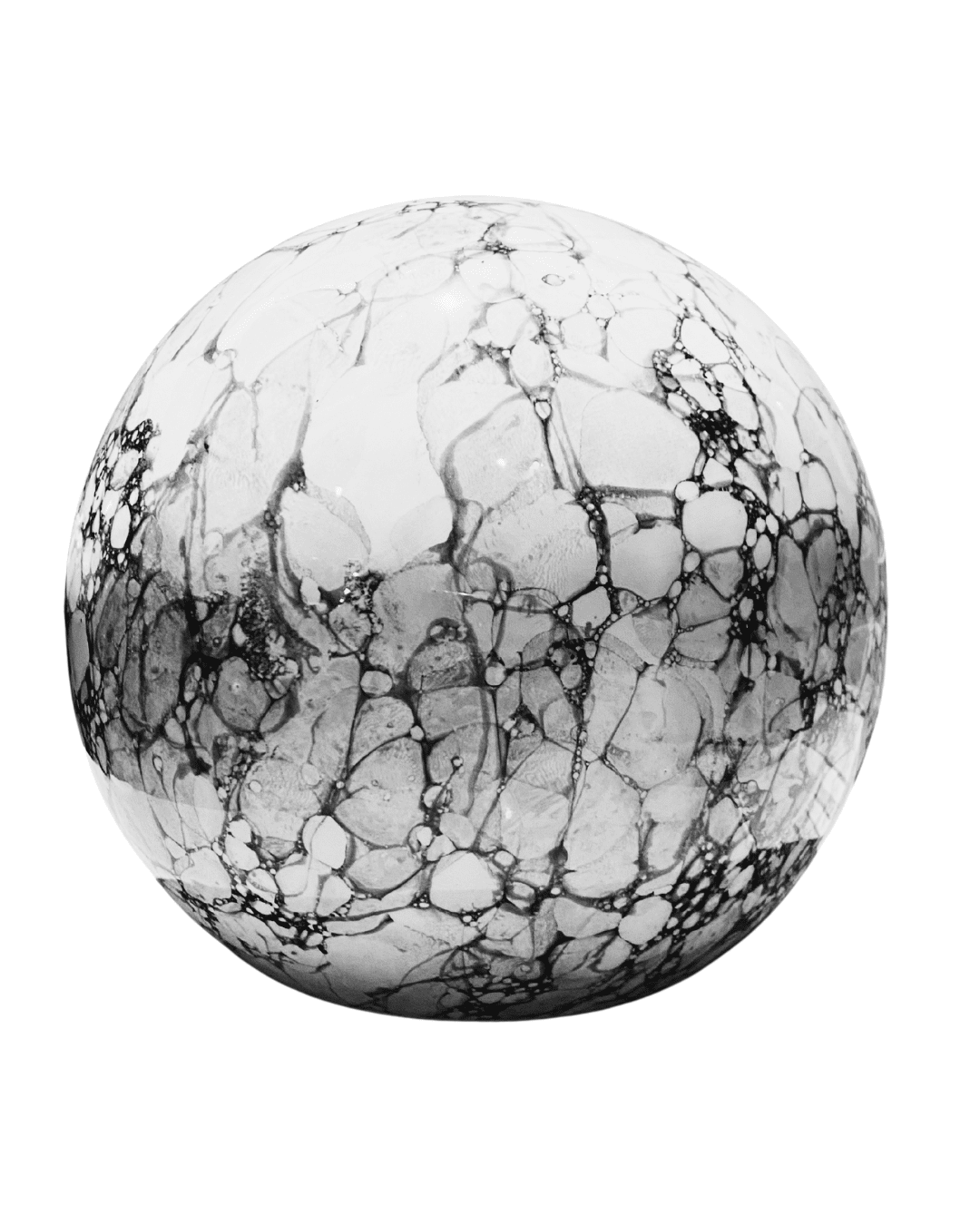 A white, grey and black highly polished marble style sphere ceramic urn